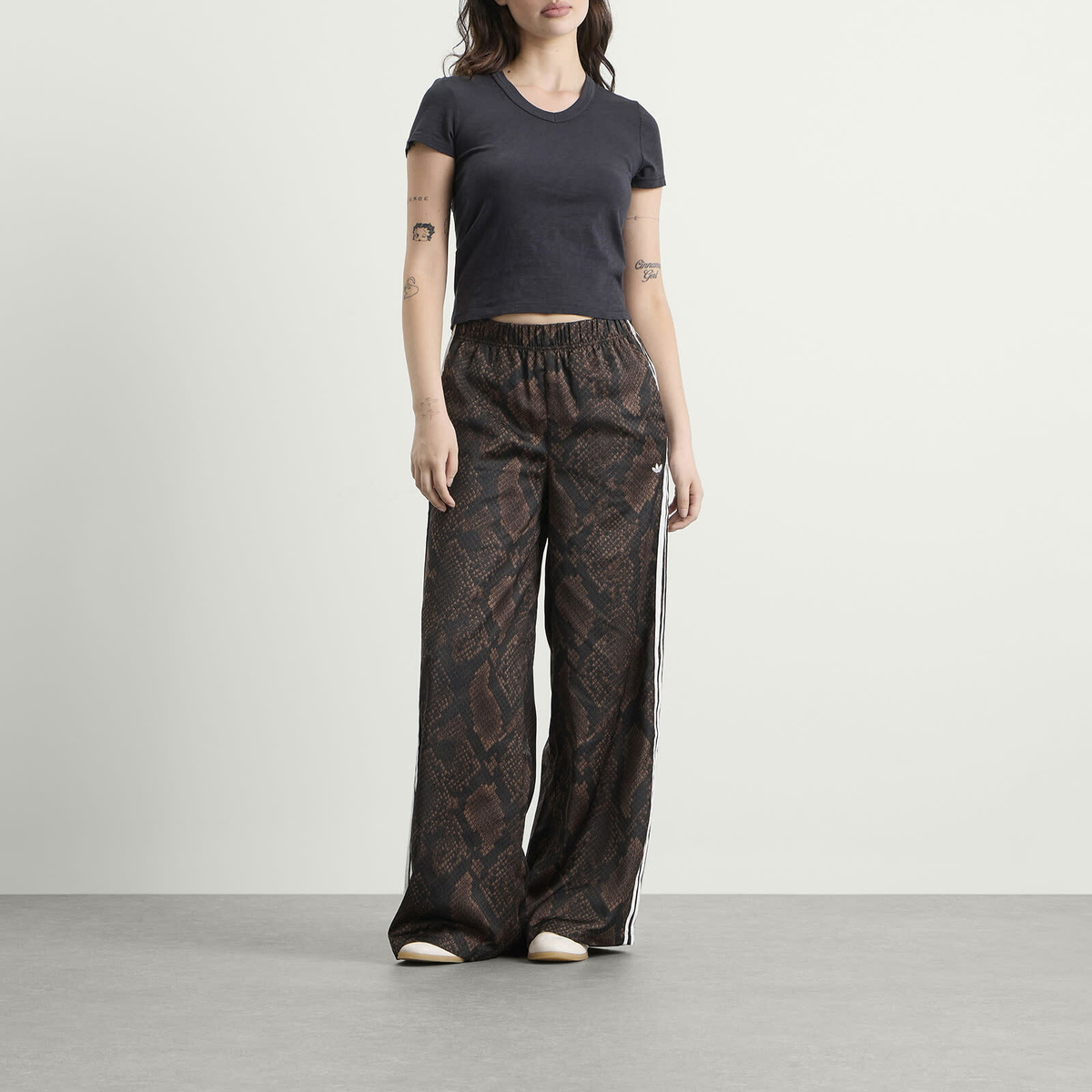 Adidas Women's Satin Wide Leg Track Pant in Earth Strata/Aurora Coffee