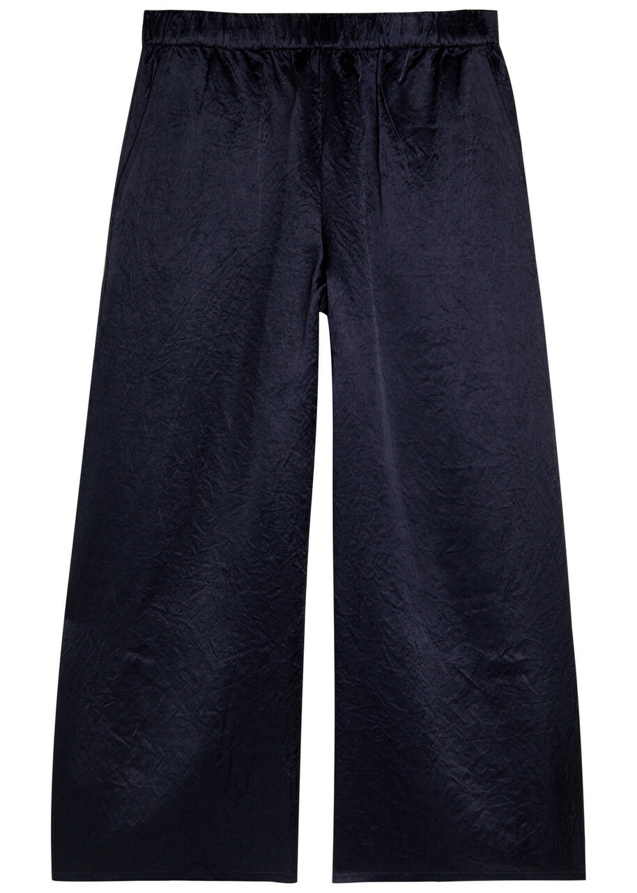 Eileen Fisher Crinkled Wide-leg Satin Trousers Dark Blue