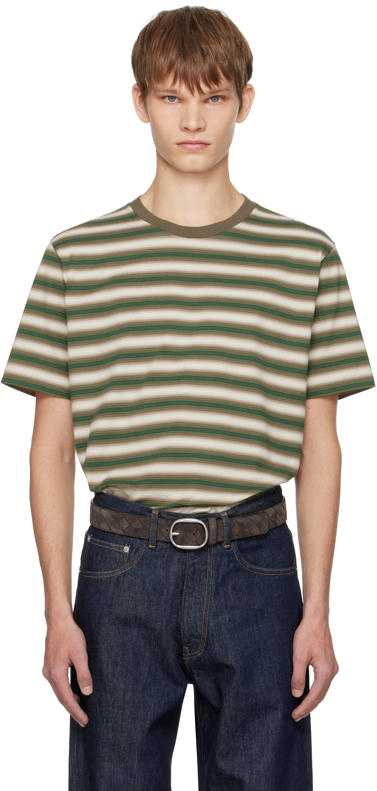AURALEE Brown & Green Gradient Stripe Jersey T-shirt Auralee