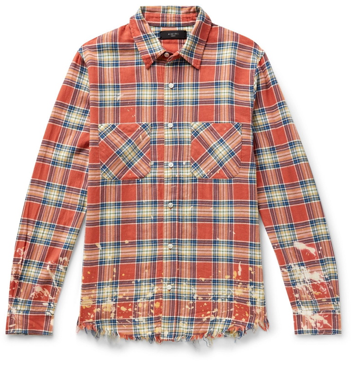 Photo: AMIRI - Logo-Appliquéd Distressed Checked Cotton and Linen-Blend Flannel Shirt - Red