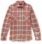 AMIRI - Logo-Appliquéd Distressed Checked Cotton and Linen-Blend Flannel Shirt - Red