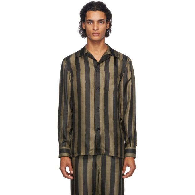 Photo: Fendi Black and Gold Silk Striped Logo Pyjama Shirt