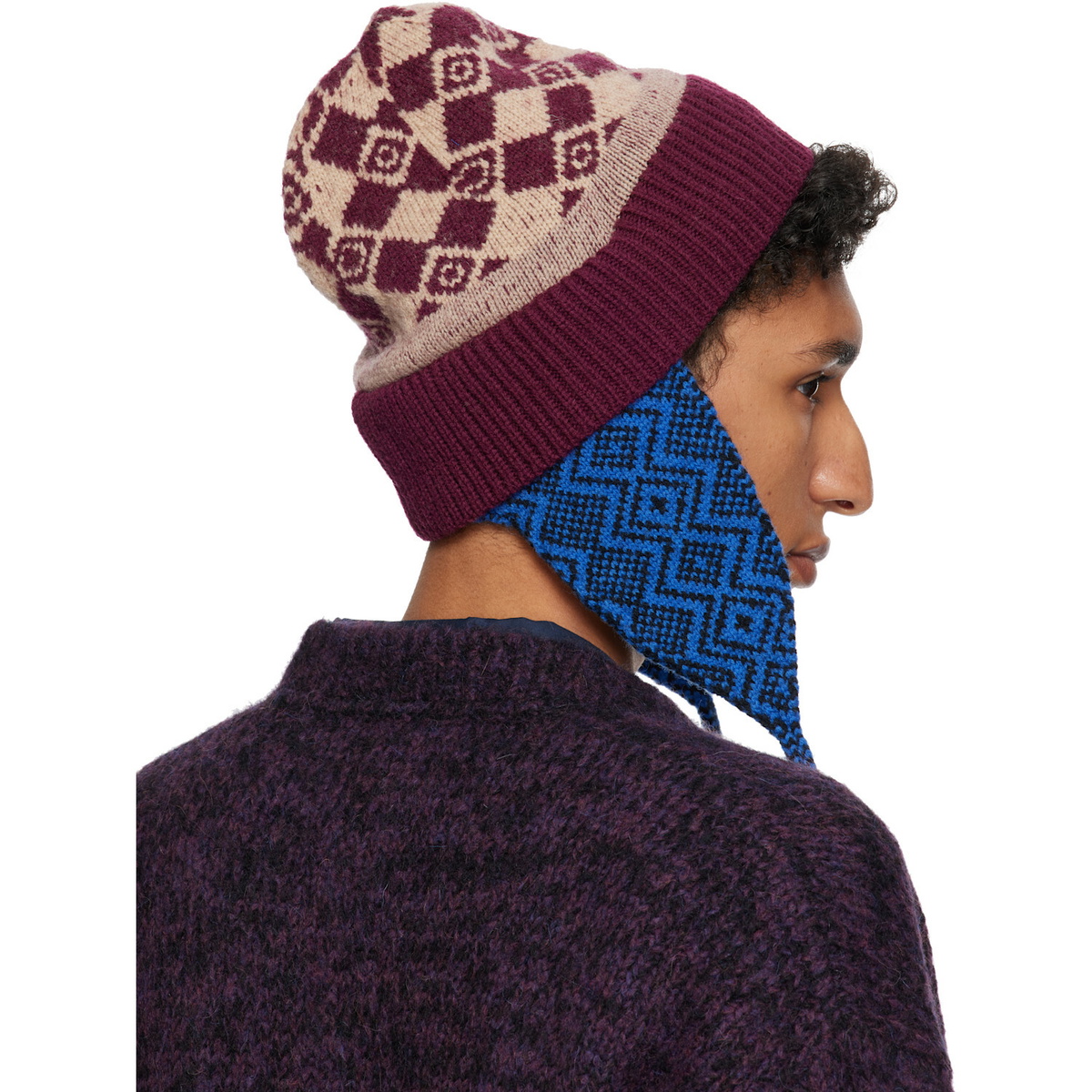 Dries Van Noten Burgundy & Blue Jacquard Wool Beanie