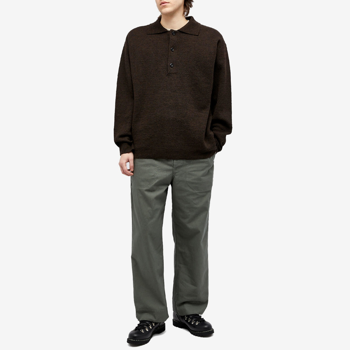 MHL by Margaret Howell Men's Oversized Knitted Long Sleeve Polo Shirt in Ebony