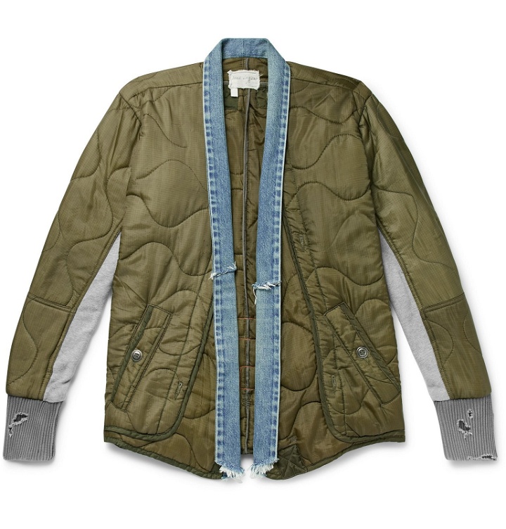 Photo: Greg Lauren - Distressed Denim and Jersey-Panellled Quilted Ripstop Jacket - Green