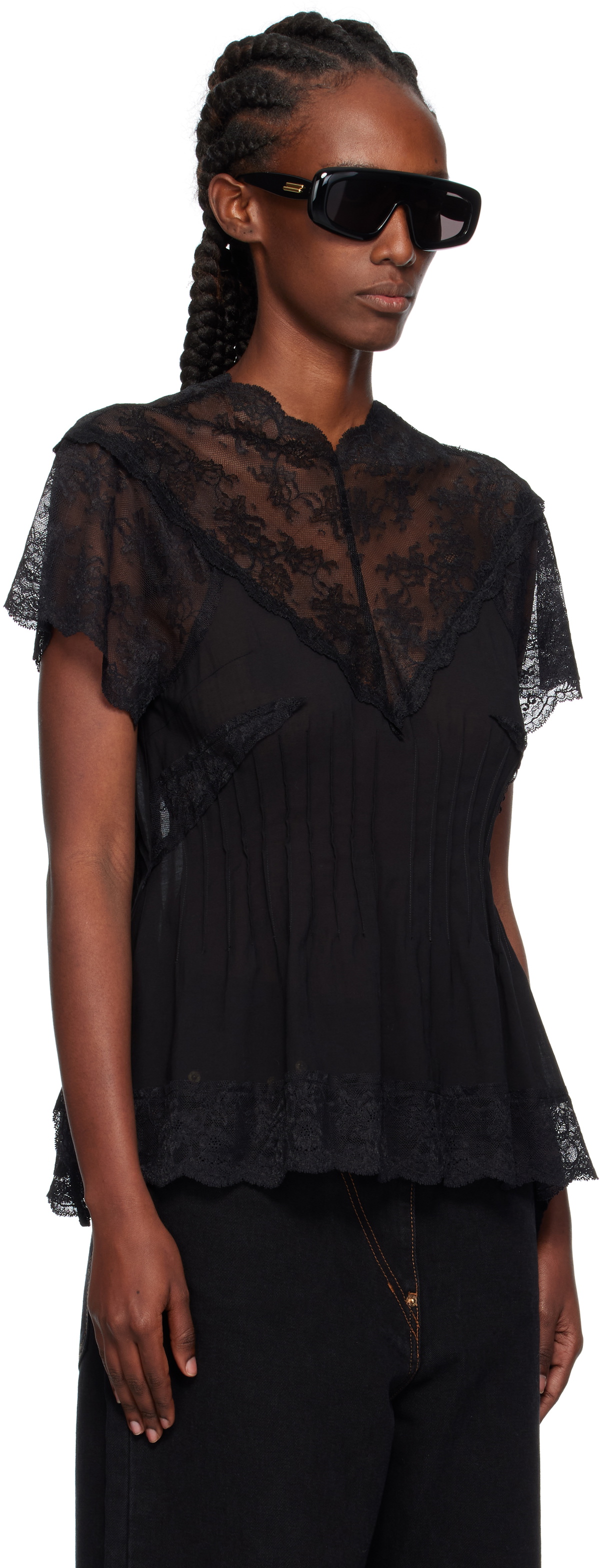 Pushbutton Black Lace Trim Darted Top