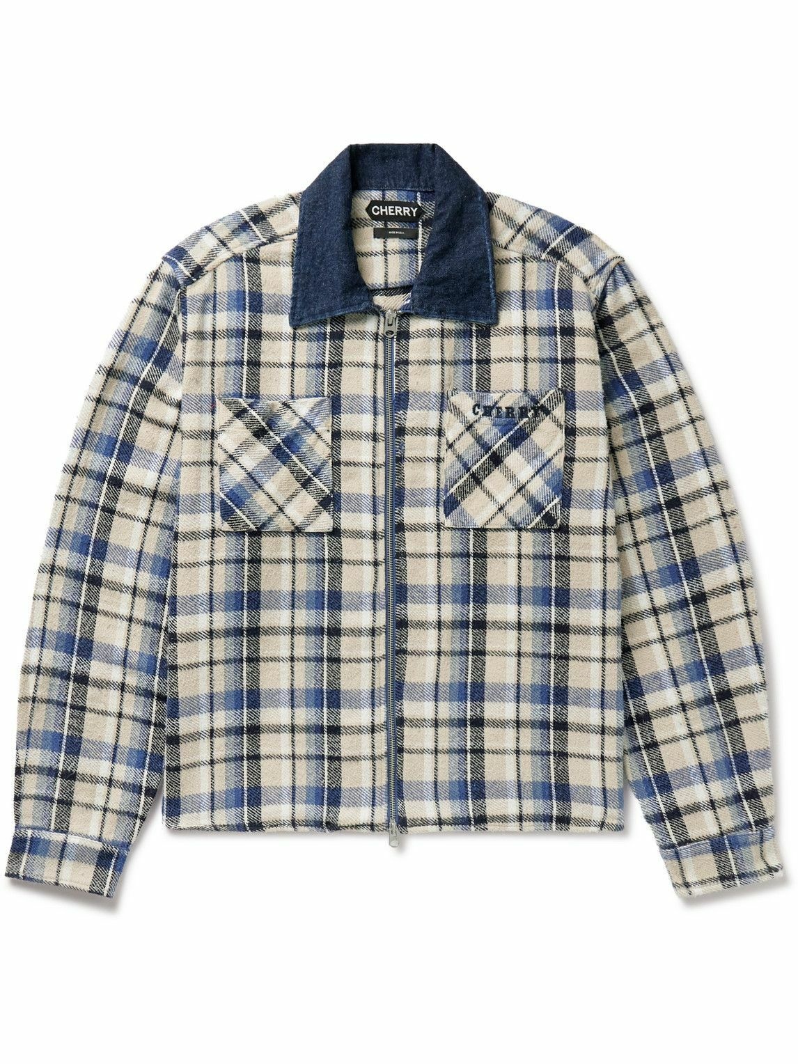 Photo: Cherry Los Angeles - Chambray-Trimmed Logo-Embroidered Checked Cotton-Flannel Shirt Jacket - Blue