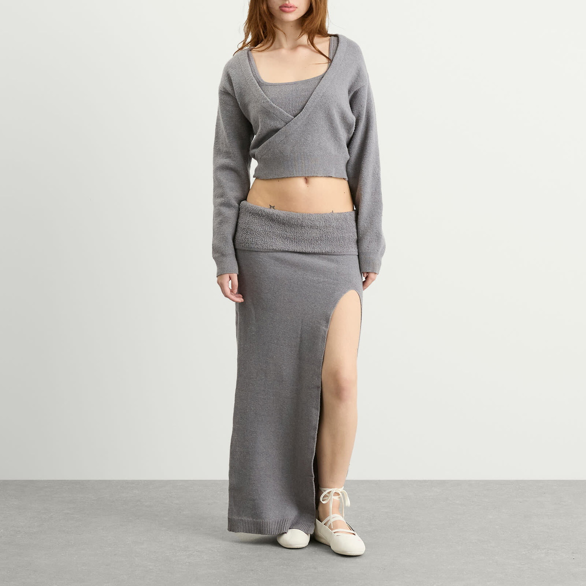 SKIMS Women's Textured Knit High Slit Long Skirt in Dark Heather Grey