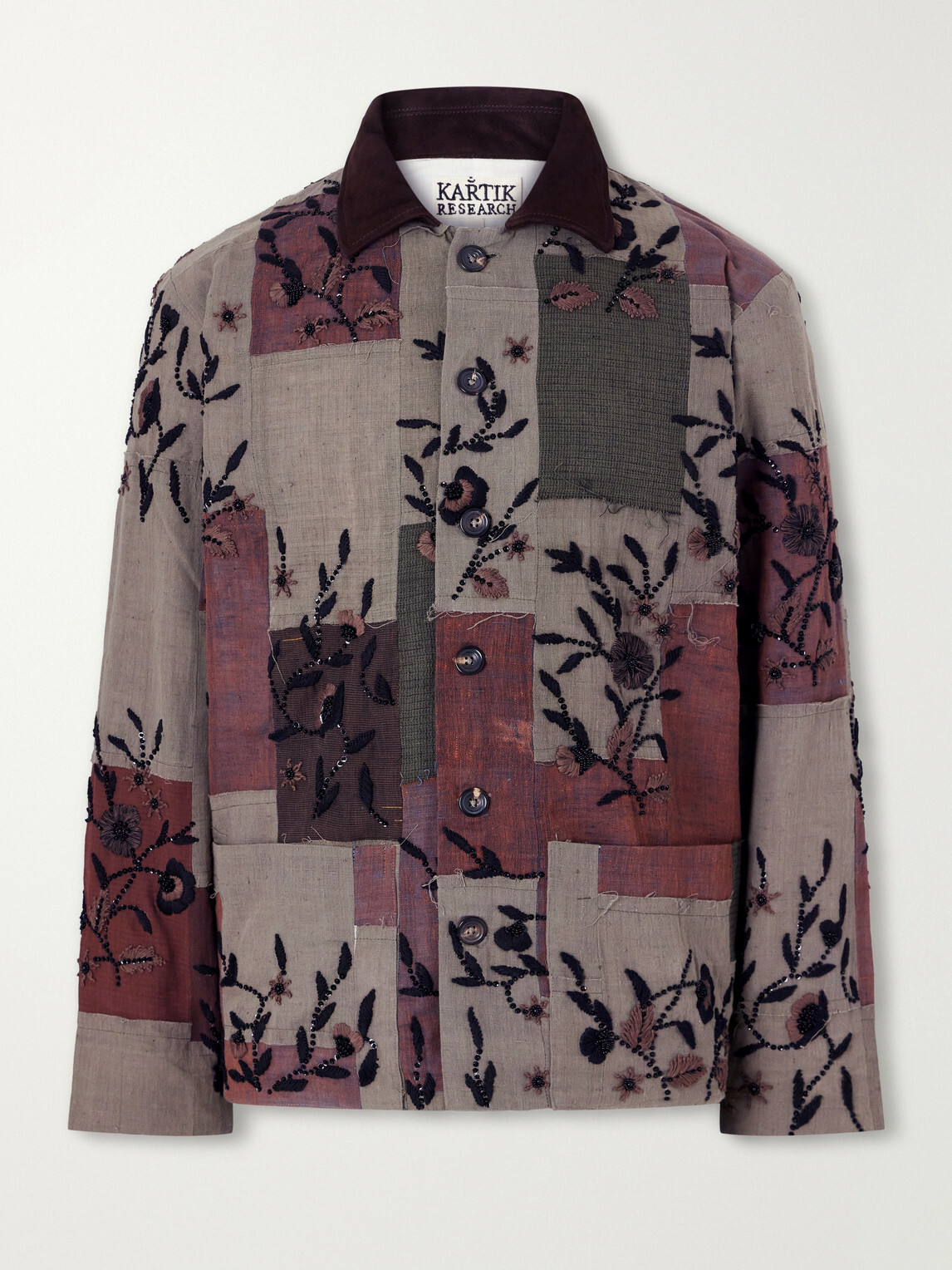 Kartik Research - Embroidered Patchwork Suede-Trimmed Cotton Chore Jacket - Green