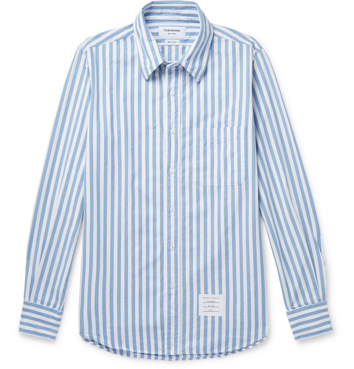 Photo: Thom Browne - Button-Down Collar Striped Herringbone Cotton-Flannel Shirt - Blue