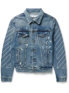 Off-White - Distressed Paint-Splattered Embroidered Denim Jacket - Blue