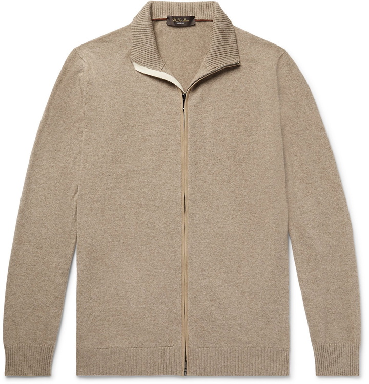 Photo: Loro Piana - Suede-Trimmed Mélange Cashmere Zip-Up Cardigan - Neutrals