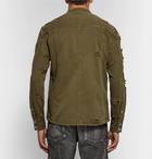 Balmain - Slim-Fit Grandad-Collar Distressed Denim Shirt Jacket - Men - Army green