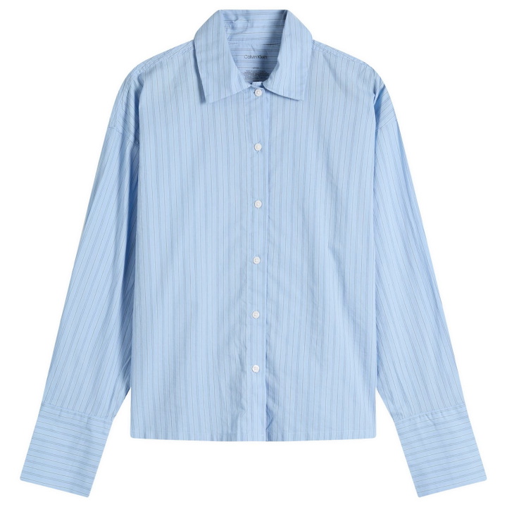 Photo: Calvin Klein Women's Cotton Poplin Sleep Shirt in Trail Stripe Frozen Fjord