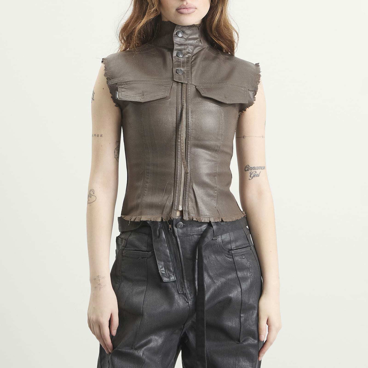 Ottolinger Women's Glazed Denim Zip Top in Brown