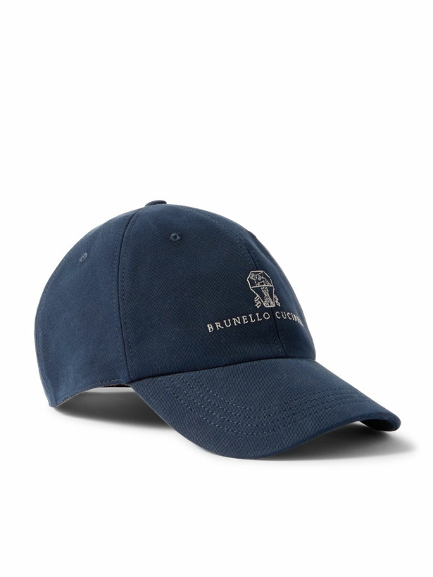 Photo: Brunello Cucinelli - Logo-Embroidered Leather-Trimmed Cotton-Twill Baseball Cap - Blue