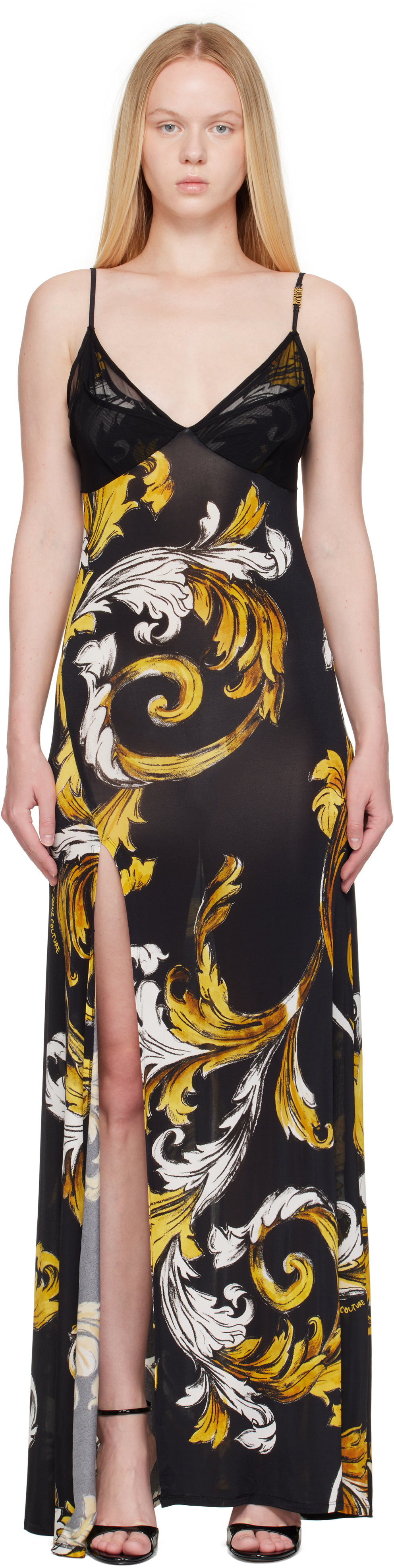 Versace Jeans Couture Black Outline Barocco Slip Maxi Dress