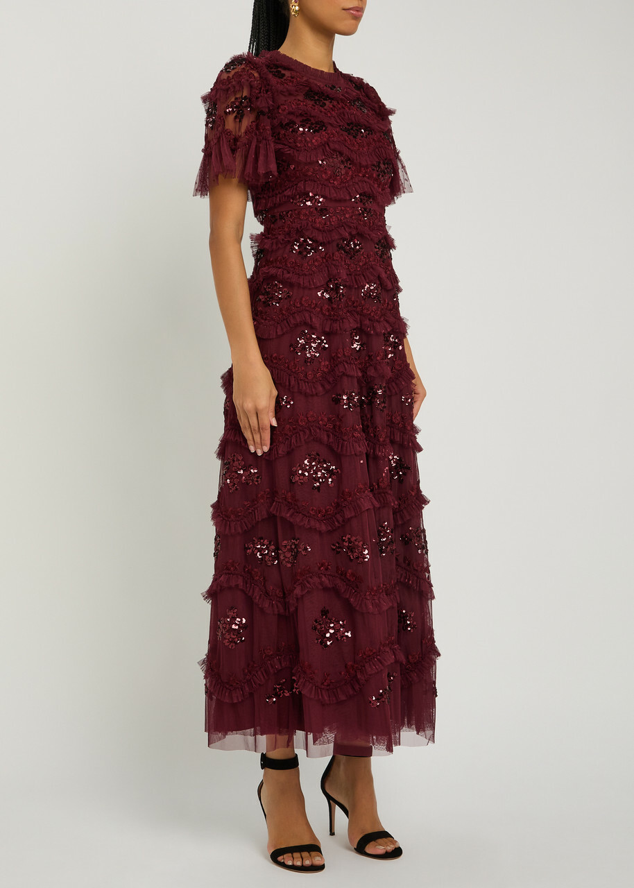 Needle & Thread Daisy Wave Ruffled Sequin-embellished Tulle Gown Burgundy