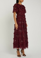 Needle & Thread Daisy Wave Ruffled Sequin-embellished Tulle Gown Burgundy