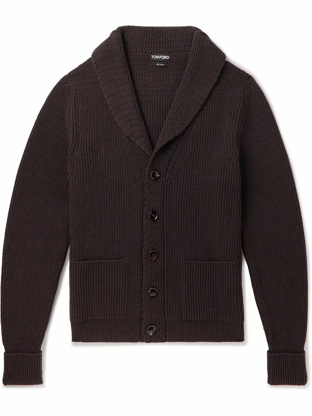 Photo: TOM FORD - Shawl-Collar Ribbed Cashmere Cardigan - Brown