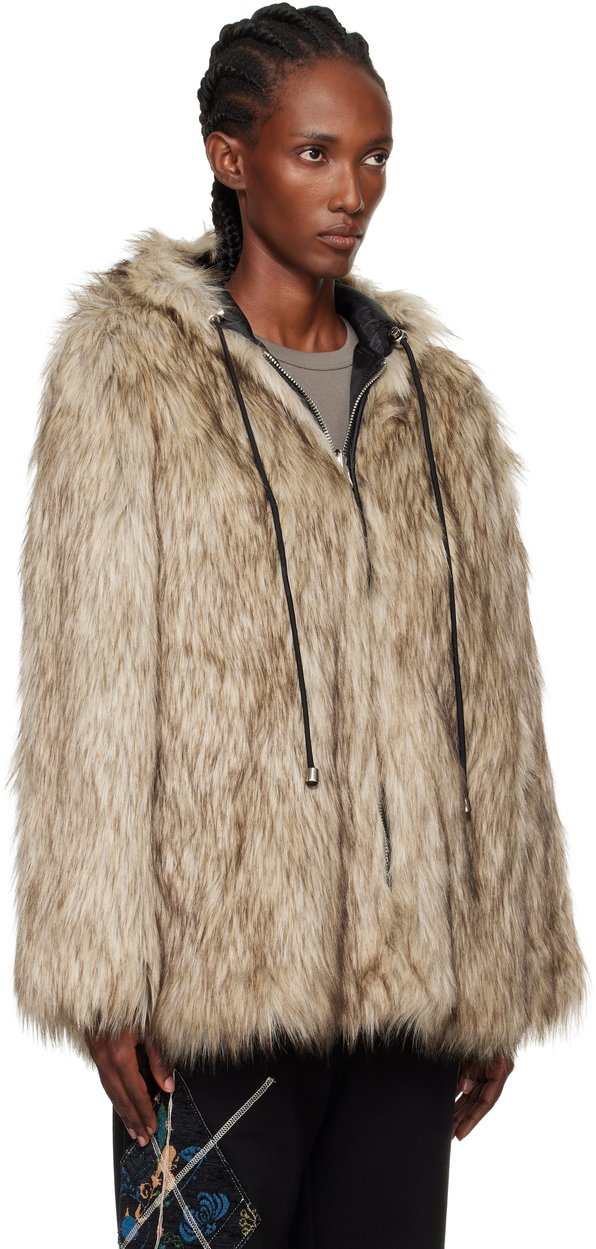 OPEN YY Beige & Black Hood Reversible Faux-Fur Jacket