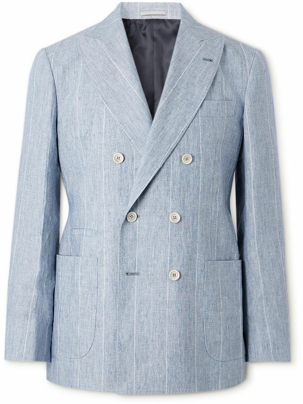 Photo: Brunello Cucinelli - Double-Breasted Striped Linen Suit Jacket - Blue
