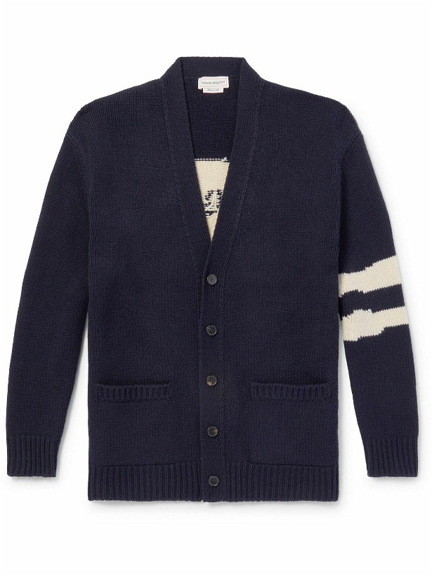 Photo: Alexander McQueen - Intarsia Wool and Cashmere-Blend Cardigan - Blue