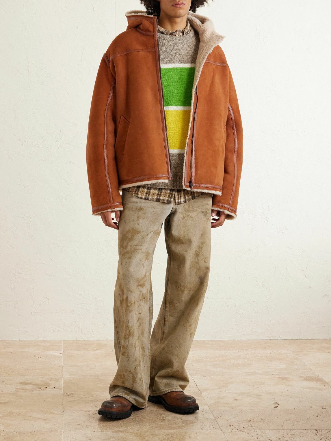 The Elder Statesman - Leather-Trimmed Shearling Hooded Jacket