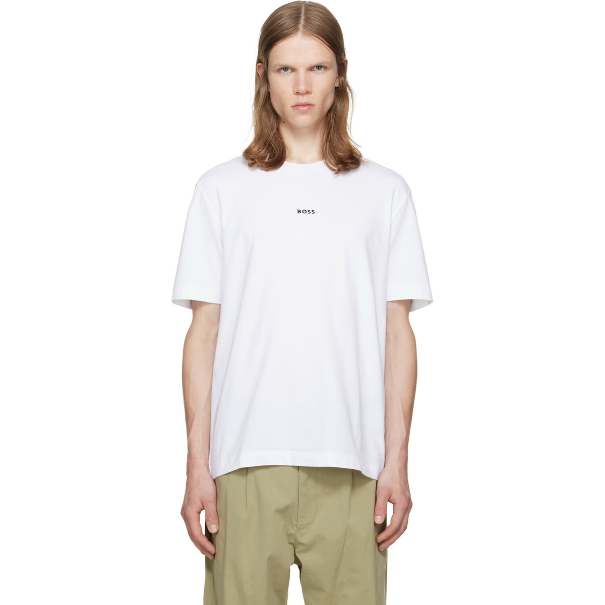 BOSS White Stretch-Cotton Contrast Logo T-shirt