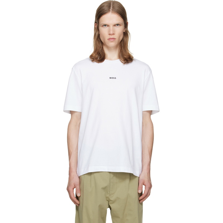 Photo: BOSS White Stretch-Cotton Contrast Logo T-shirt