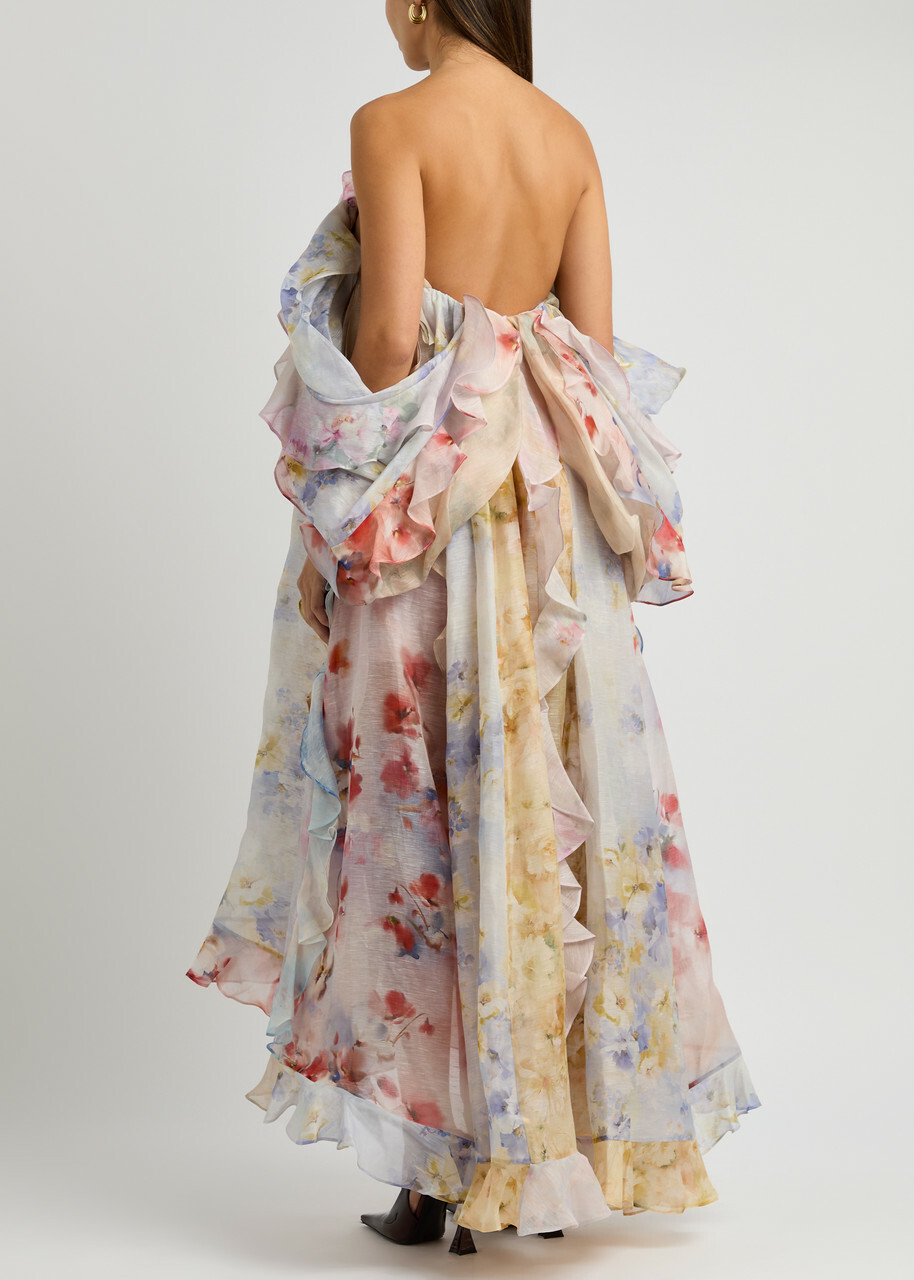 Zimmermann Crush Strapless Floral-print Linen-blend Dress