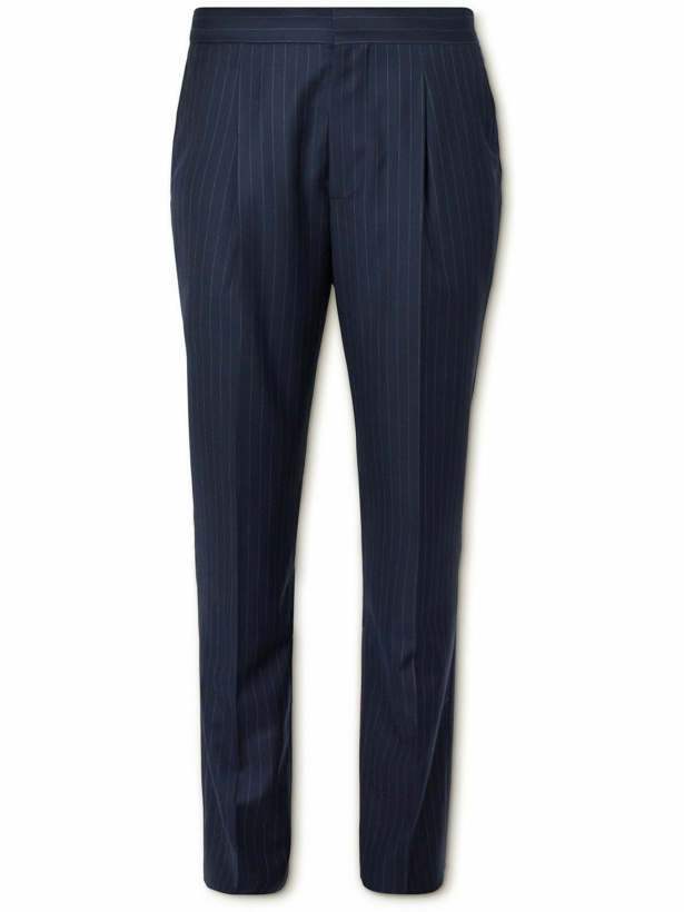 Photo: Brunello Cucinelli - Straight-Leg Slim-Fit Pinstriped Virgin Wool Suit Trousers - Blue