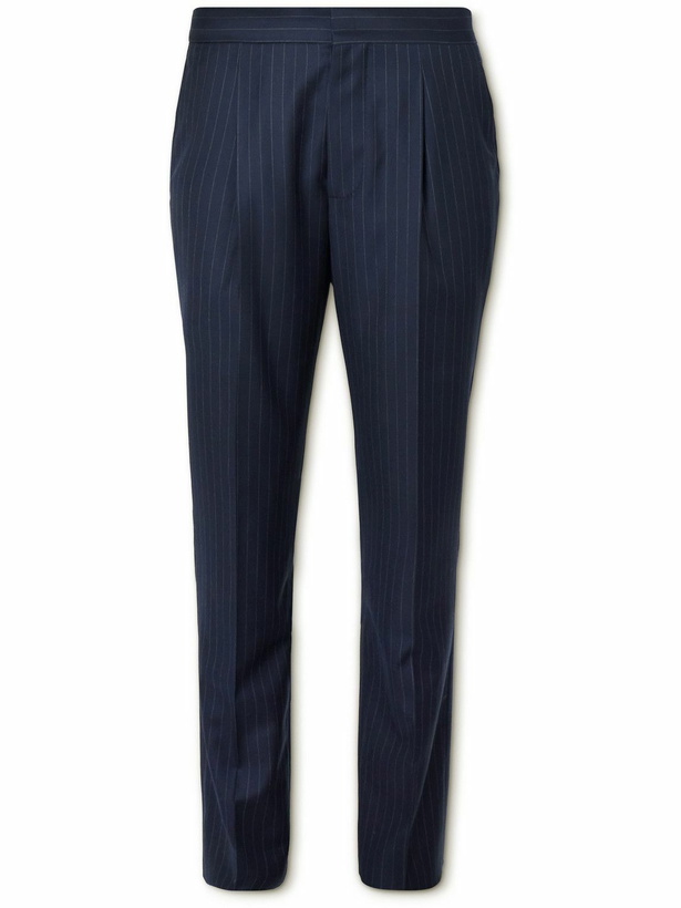 Photo: Brunello Cucinelli - Straight-Leg Slim-Fit Pinstriped Virgin Wool Suit Trousers - Blue