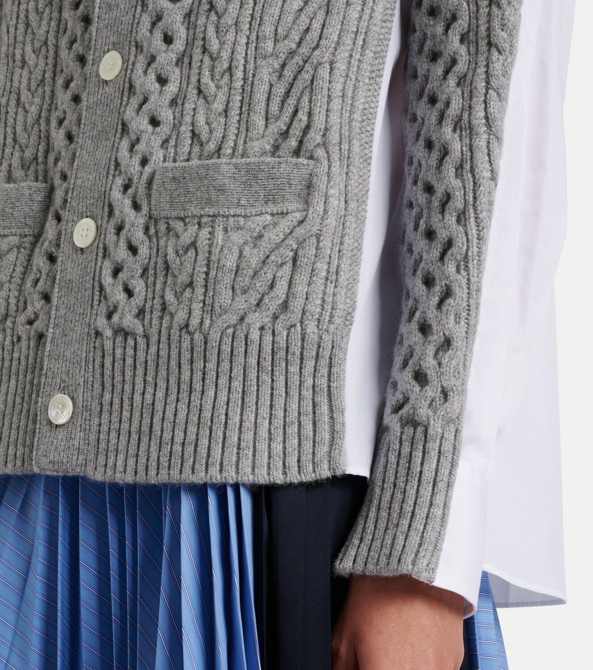 Sacai Cable-knit wool and poplin cardigan