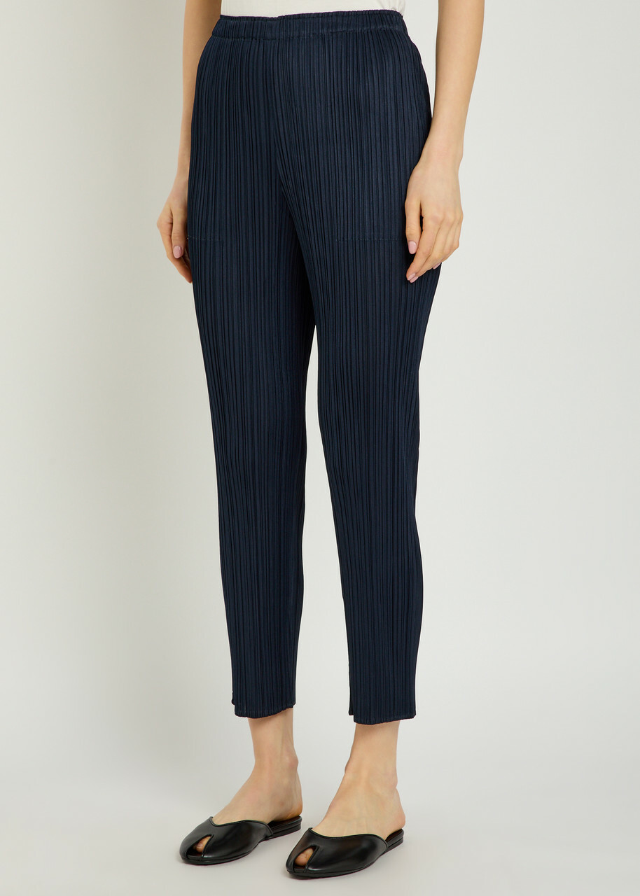 Pleats Please Issey Miyake Pleated Tapered-leg Woven Trousers Navy