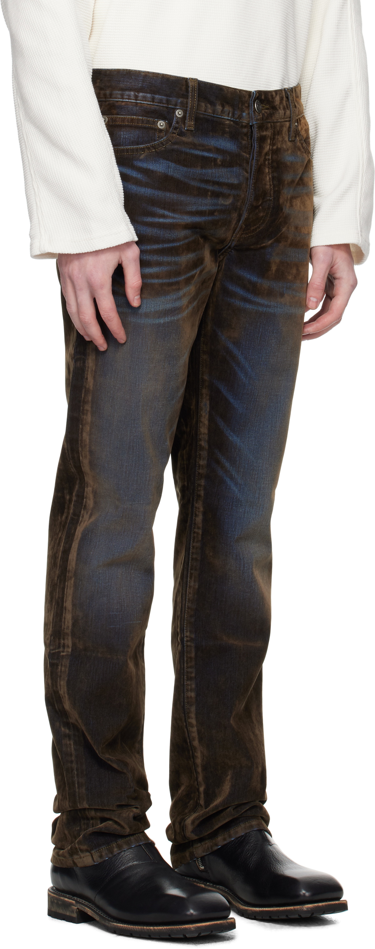 COÛT DE LA LIBERTÉ Blue & Khaki Rafa Stretch Suede Straight Leg Jeans