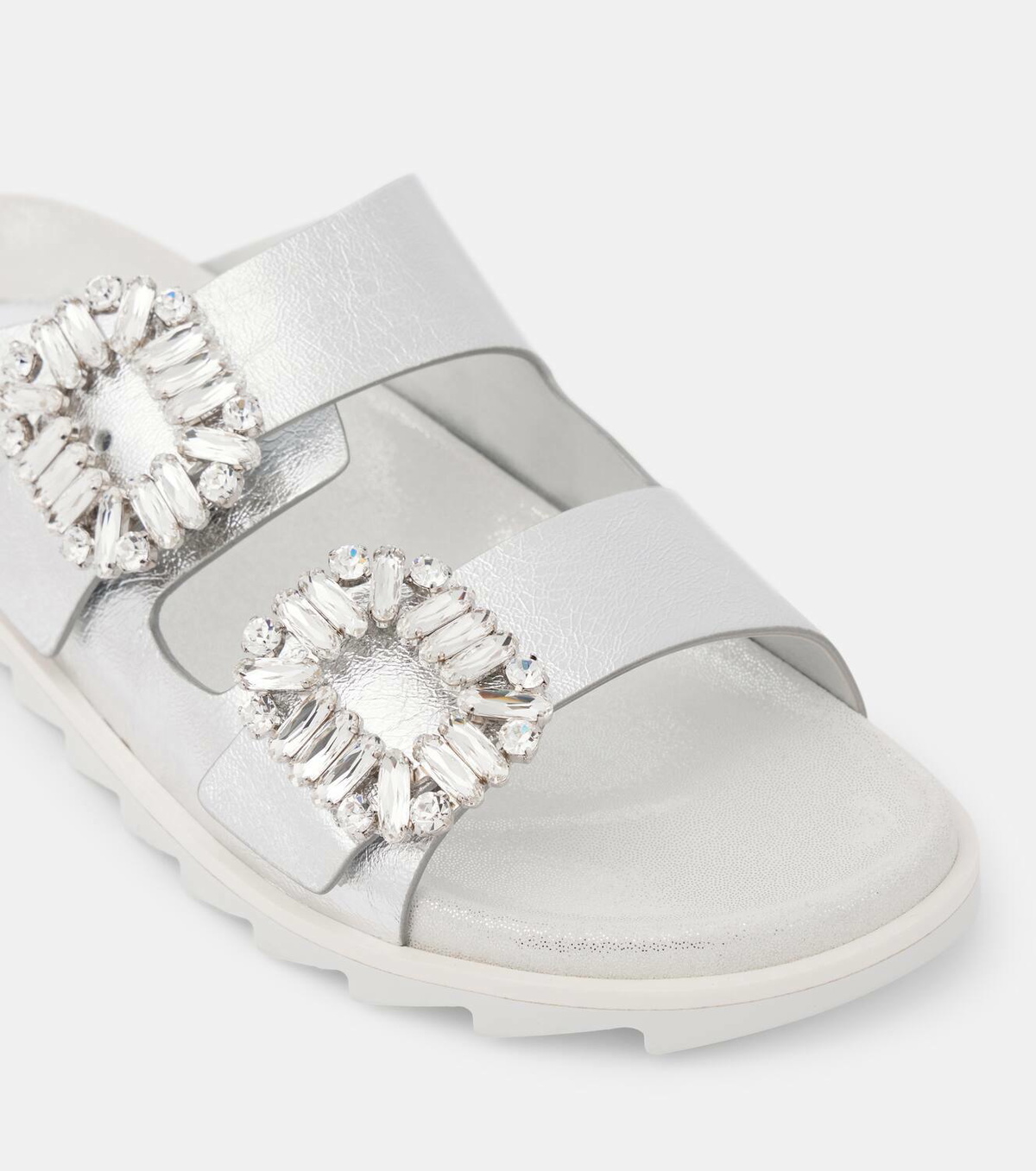 Roger Vivier Crystal-embellished metallic leather slides