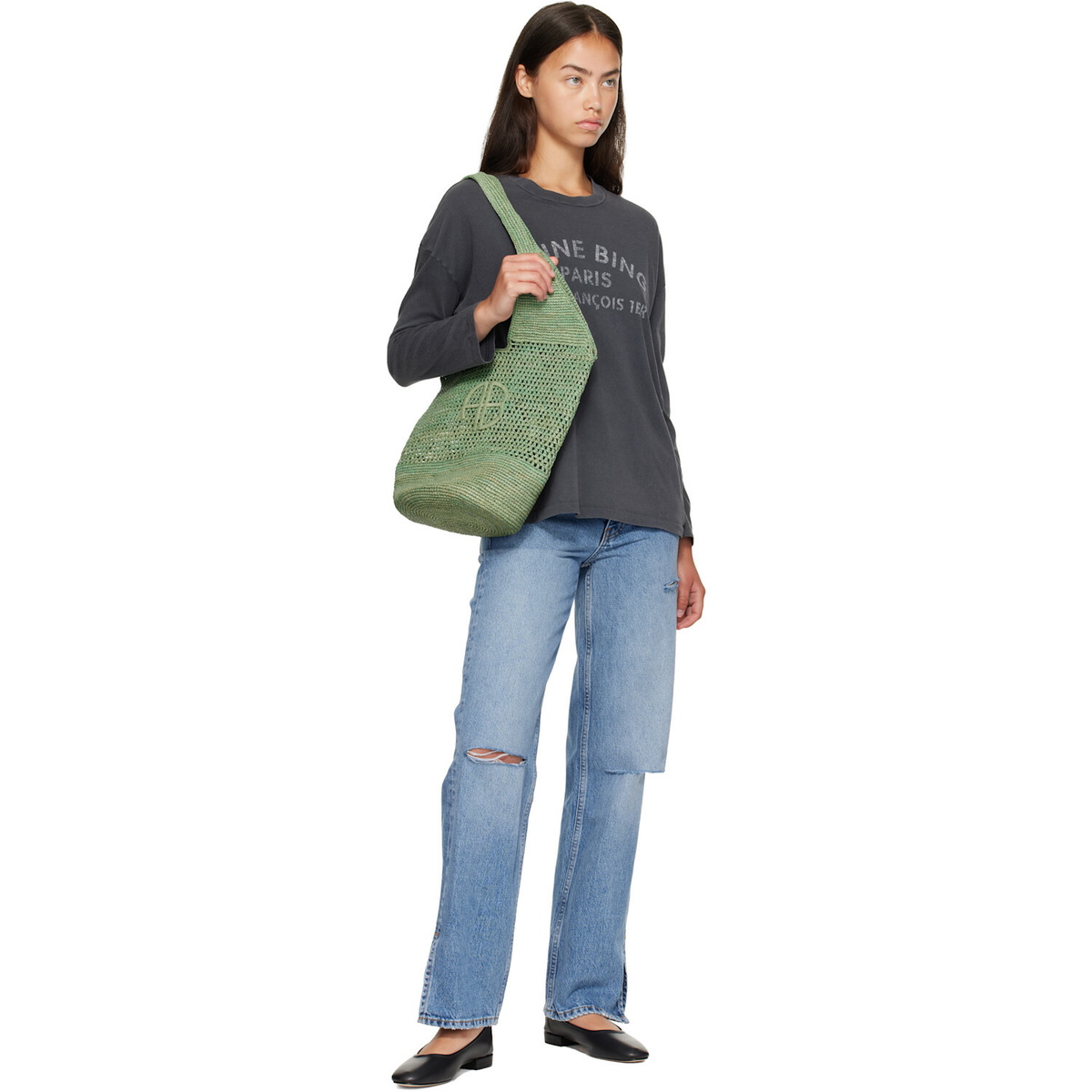 ANINE BING Green Leah Logo Raffia Bag