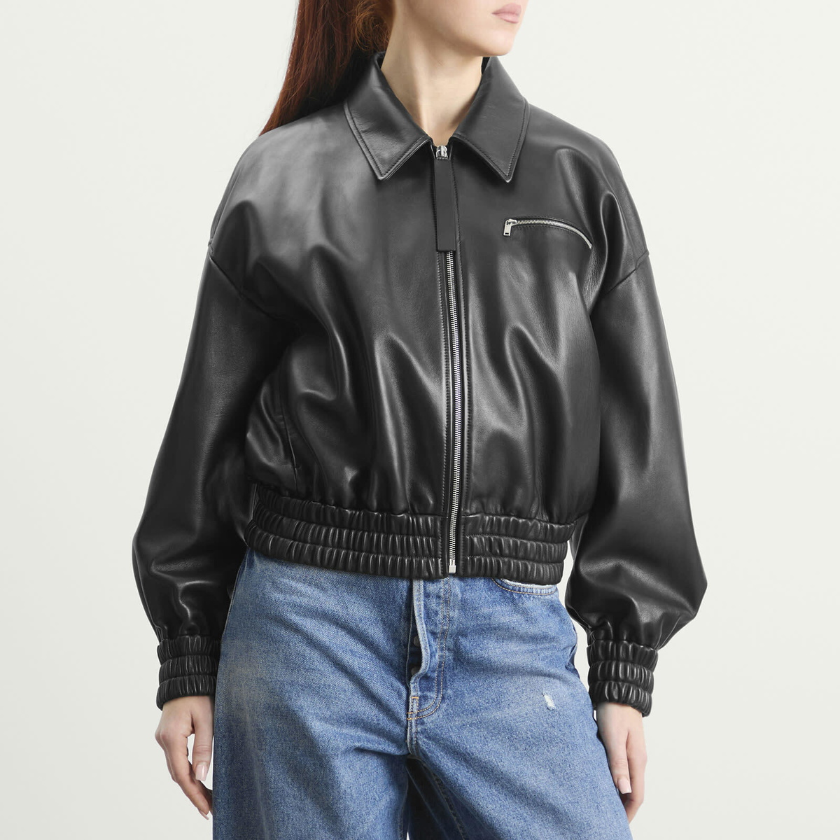 Jil Sander Women's Leather Bomber Jacket in Black