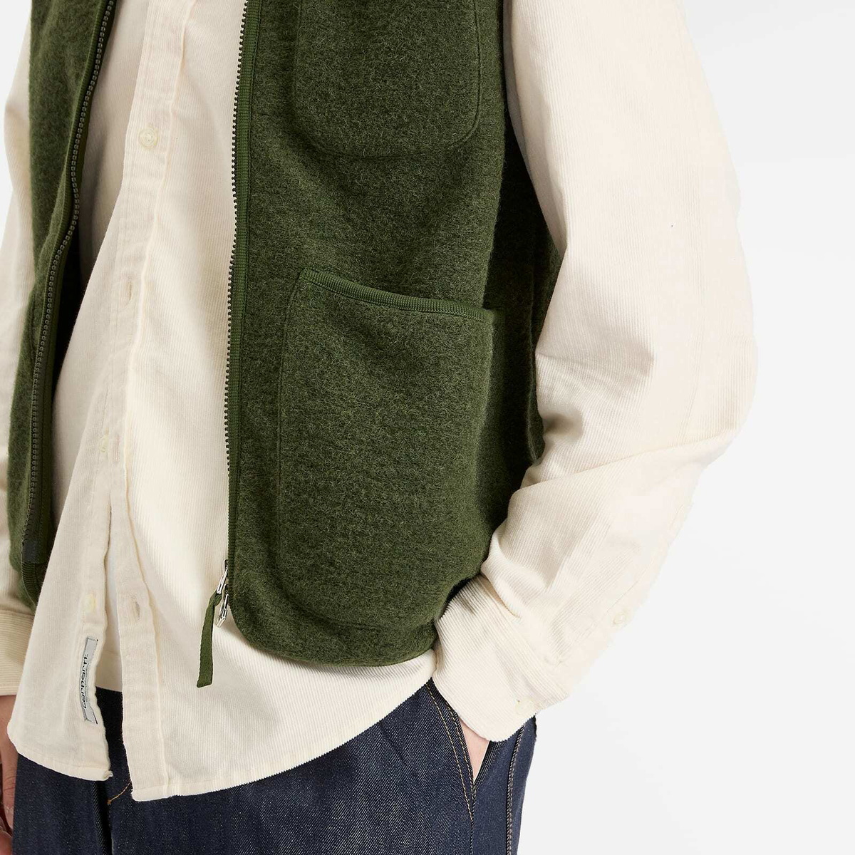 Universal Works Men's Wool Fleece Zip Gilet - Presented by END. in Olive