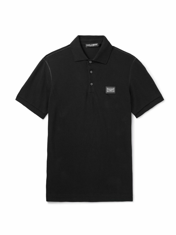 Photo: Dolce&Gabbana - Leather-Trimmed Logo-Appliquéd Cotton-Piqué Polo Shirt - Black