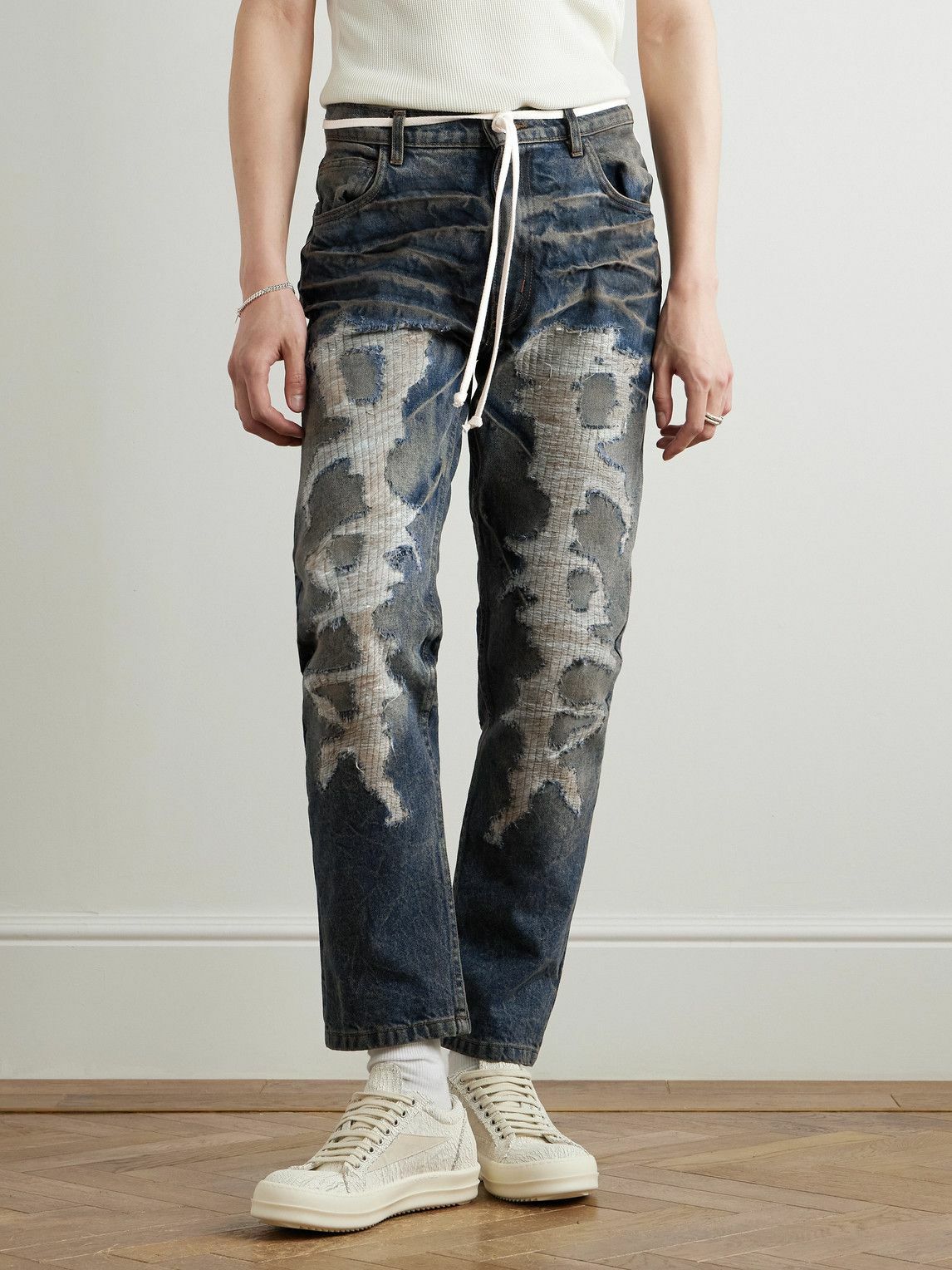 RRR123 - Fathers Engine Slim-Fit Straight-Leg Belted Distressed Jeans - Blue