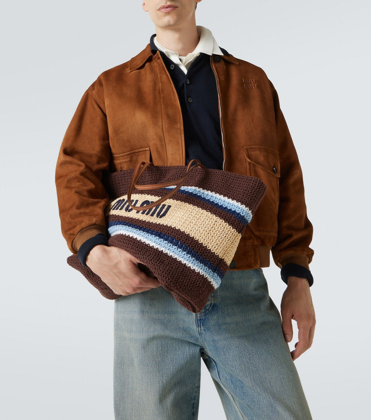 Miu Miu Logo striped raffia-effect shopper