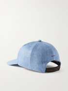 Brunello Cucinelli - Leather-Trimmed Logo-Embroidered Linen-Twill Baseball Cap - Blue