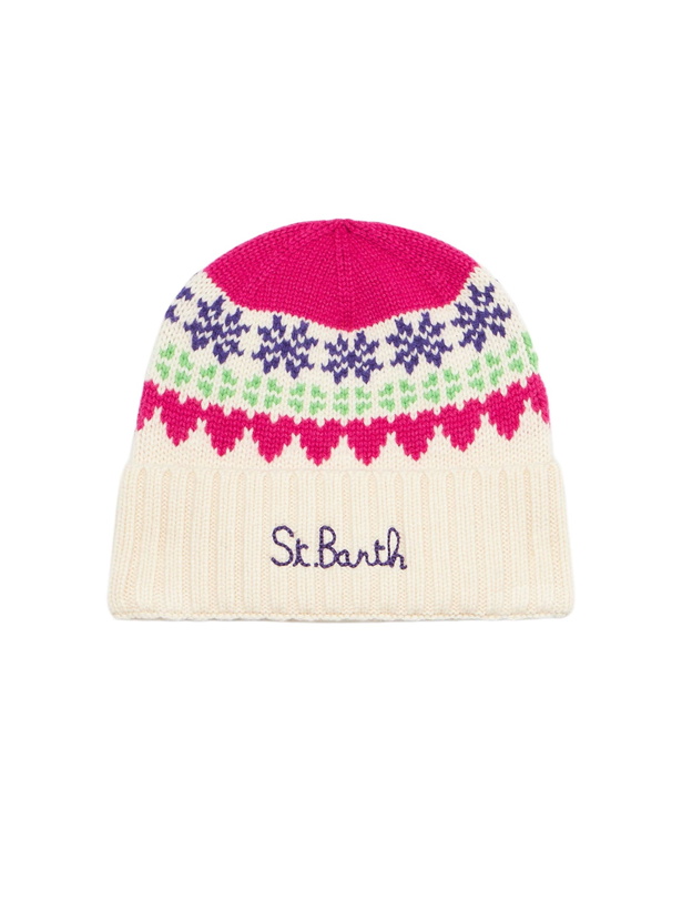 Photo: MC2 Saint Barth Woman White Beanie With Fair Isle Heart Jacquard