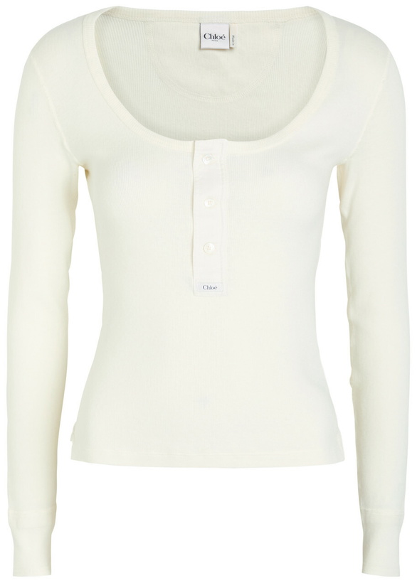 Photo: Chloe Logo-appliquéd Cotton Henley top Off White