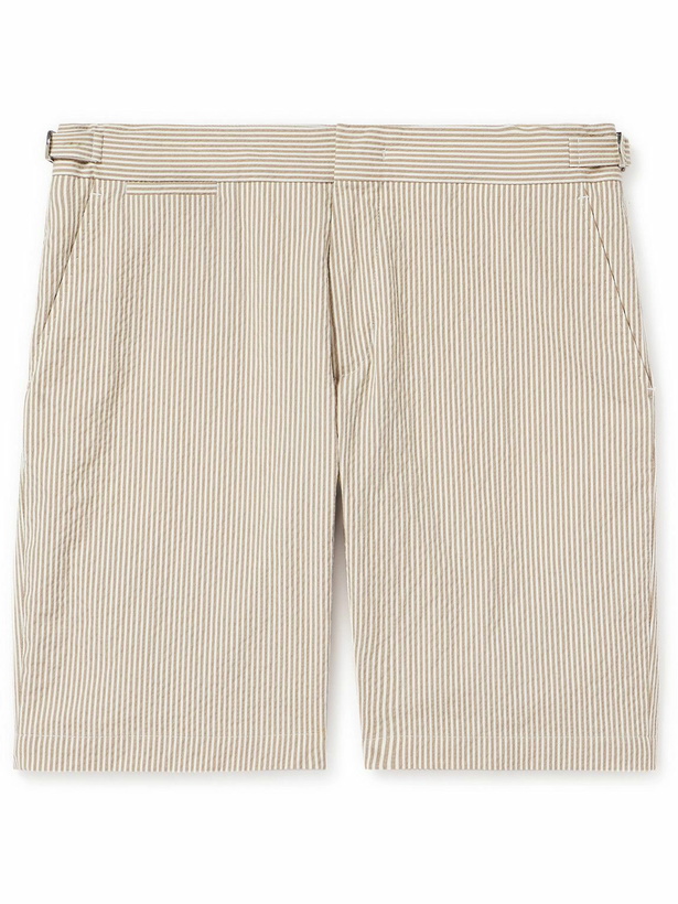 Photo: Orlebar Brown - Norwich Straight-Leg Striped Cotton-Seersucker Shorts - Neutrals