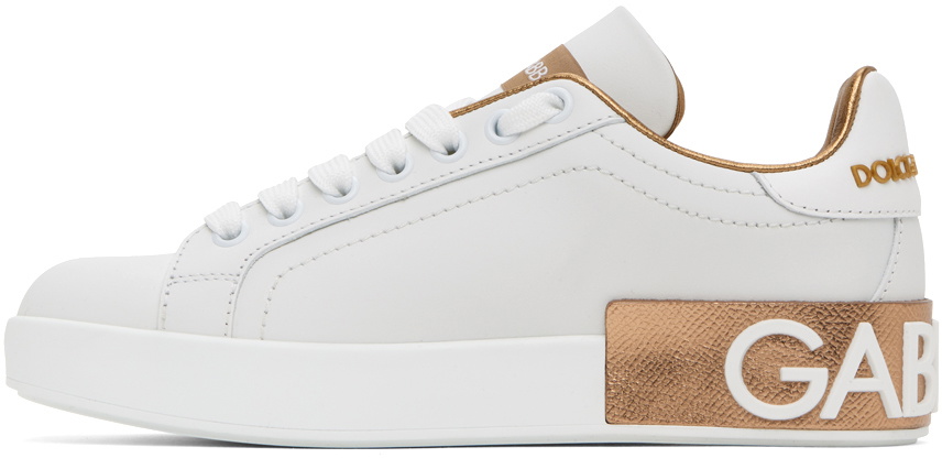 Dolce & Gabbana White & Gold Portofino Low Sneakers