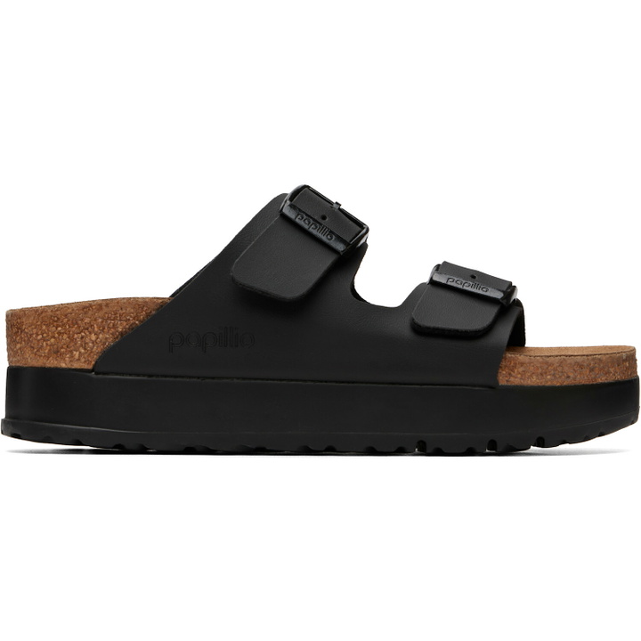 Photo: Birkenstock Black Narrow Arizona Flex Platform Birko-Flor Sandals