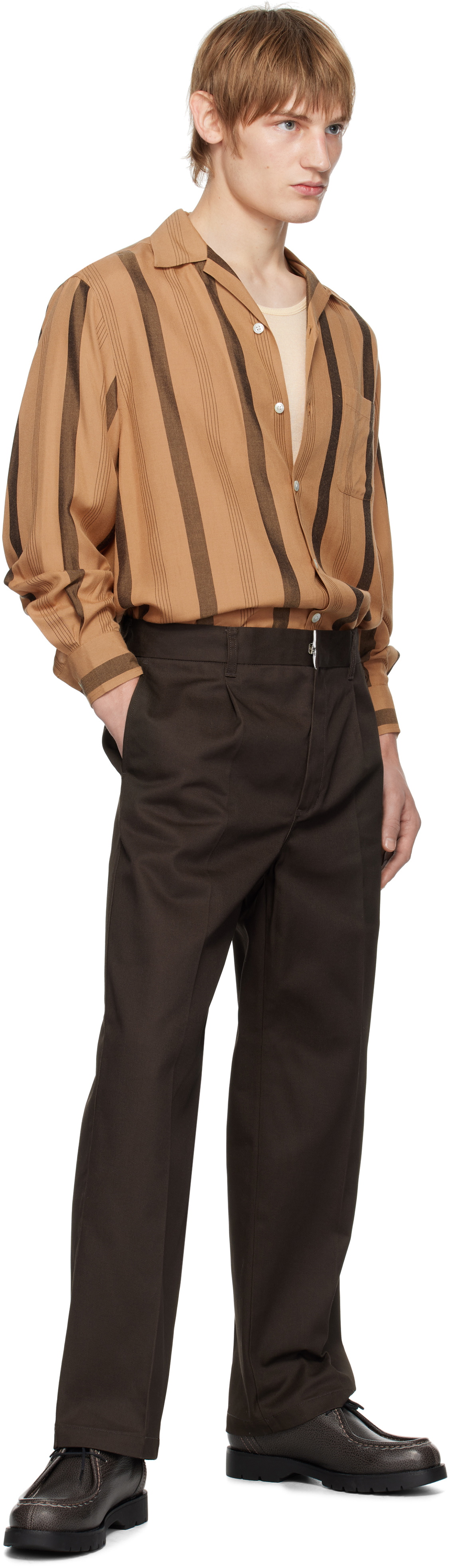 WACKO MARIA Brown Striped Open Collar Shirt Wacko Maria